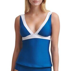 DKNY Women's Tankini Swimsuit Top Colorblock Removable Soft Cups Blue Size Large